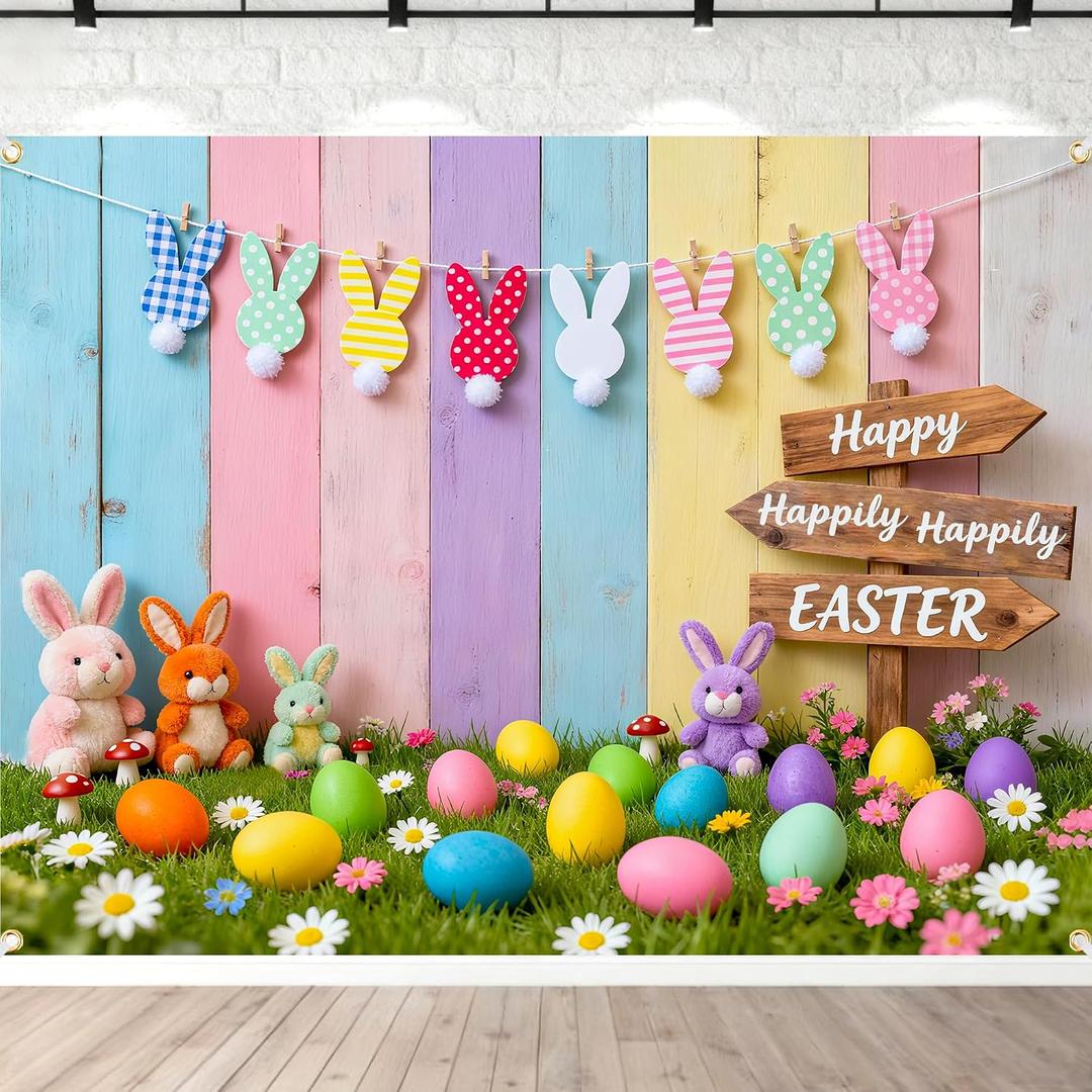 Easter Backdrop 8x6FT Large Happy Easter Photo Backdrop with 32.8ft Ribbon and 4 Grommets, Colorful Bunny Eggs Easter Backdrops for Photography Spring Party Baby Shower Studio Decorations