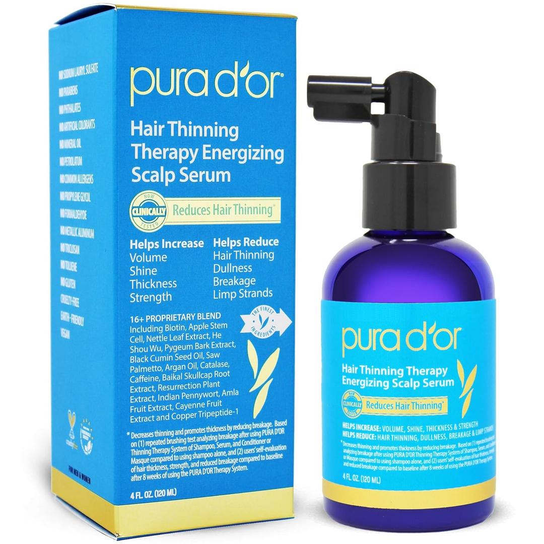 PURA D'OR Hair Thinning Therapy Energizing Scalp Serum Revitalizer (4oz) with Argan Oil, Biotin, Caffeine, Stem Cell, Catalase & DHT Blockers, All Hair Types, Men & Women (Packaging may Vary) (4 Fl Oz (Pack of 1))