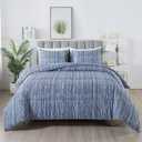 Blue Striped Comforter Set Twin Size, Blue White Vertical Ticking Stripes Pattern Printed Bedding Set, Farmhouse Down Alternative Comforter (68"x90" 2PC)