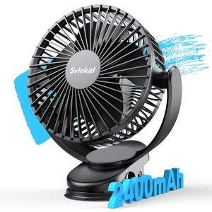 usb Personal Clip on Fan 2400mAh Battery Operated 6in, Type C, 3 Speed, 720 adjustment, Small Portable Fan for Table, Bedroom, Desk, dormitory, Camping, Stroller, Golf Cart (Black)