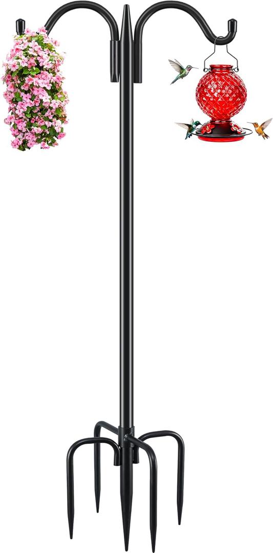 Gtongoko Bird Feeder Pole for Outdoors Heavy Duty, 63 Inch Double Shepherds Hook with 5-Prong Stable Base, 5/8 Inch Thick Hummingbird Feeder Stand for Hanging Plants, Lanterns, 1 Pack