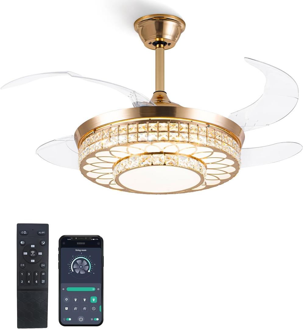 42" Retractable Ceiling Fans with Lights, Crystal Chandelier Ceiling Fan with Remote & APP Control, Modern Dimmable LED Fandelier for Living Room, Dinning Room, Bedroom (Gold)