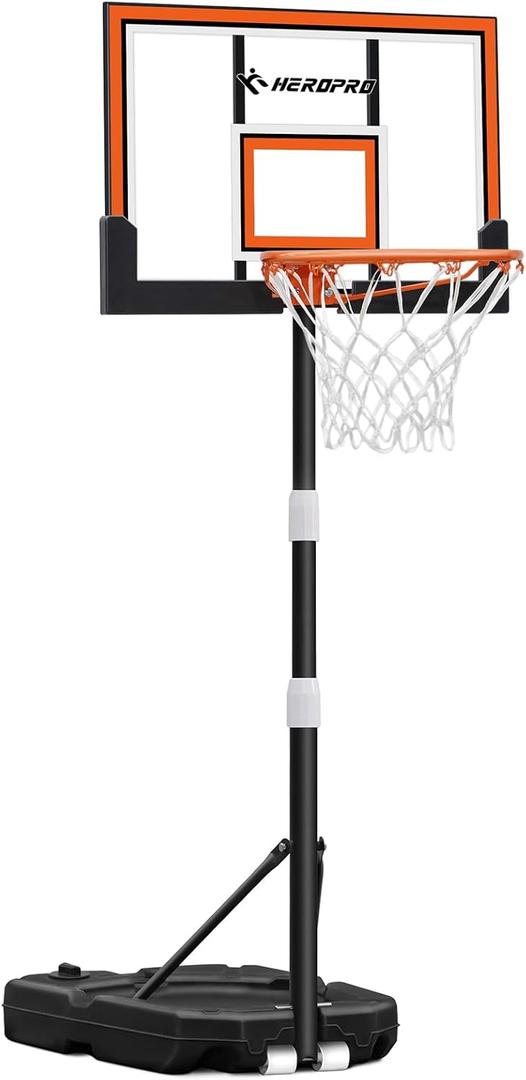 HEROPRO Kids Basketball Hoop Outdoor 3.2-7.2 Feet Adjustable, 29 Inch Premium PC Backboard and Enlarged Base, Portable Basketball Goal System for Kids/Youth/Teens in Pool/Driveway/Backyard/Indoor (Orange)