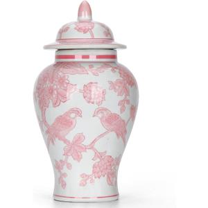 11 Pink Ginger Jar with Lid Porcelain Stylized Songbirds Floral Temple Jar Chinoiserie Vase Chinese Style Ginger Jars Antique Home Decor for Interior Design