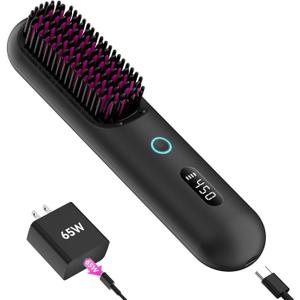Cordless Hair Straightener Brush  Portable Ionic Hot Comb with 65W Fast Charger, Mini Travel Hair Straightening Brush for Women, Lightweight for On-The-Go Styling (Black)