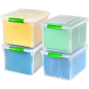 IRIS USA File Box File Organizer Plastic File Box for Letter/Legal File, BPA-Free Plastic Storage Bin Tote Organizer w/Secure Latching Lid and Easy-Slide Pad, Clear 35 Qt. 4Pack