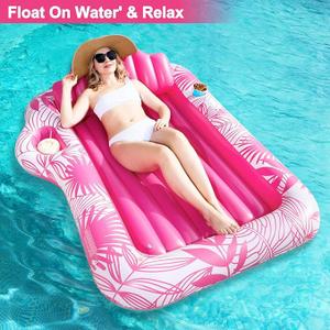 Inflatable Tanning Pool Lounger Float , 72" x 47" Large Pool Floats Adults with Backrest & Drink Holder Blow Up Tanning Bed Lounger Pool Raft Floatie for Adults Water Party, Pink/Blue