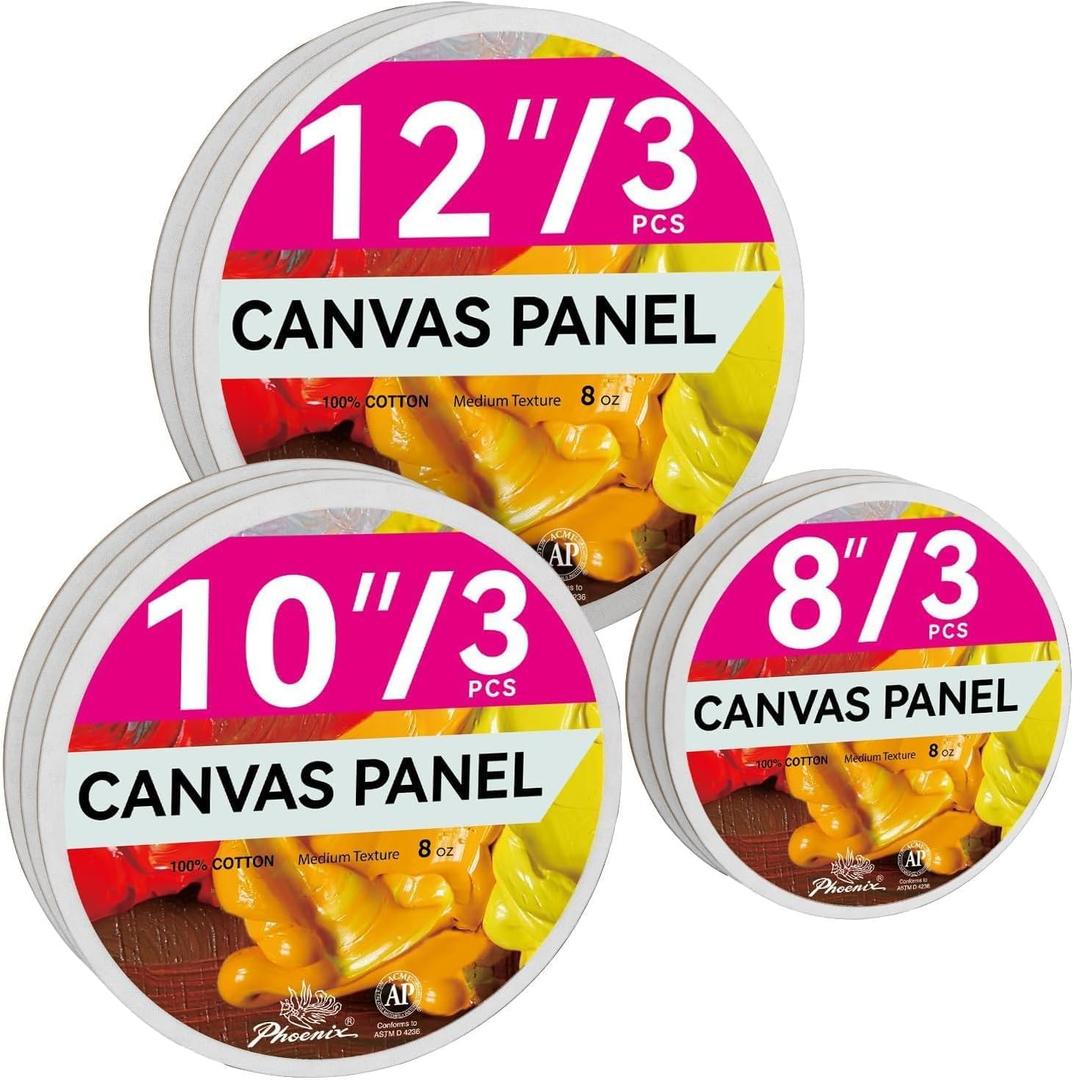 PHOENIX Round Canvas Painting Boards - 8 10 12 Inch/ 3 Pack Each - 9 PK Circle Canvas Boards for Painting - 100% Cotton Flat Triple Primed Blank Canvas for Oil, Acrylic Painting & Crafts (White)