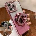 Mirror Kickstand Glitter Diamond Case for iPhone 15 14 13 12 Pro Max,Magnetic Stand Holder,Camera Lens Protector Compatible with Magsafe, Rhinesetone Bing Cover Case (Pink,for iPhone 14 Pro Max)