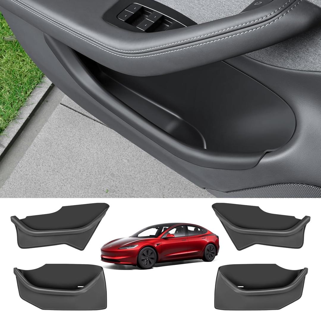 Door Side Organizer for Tesla Model 3 2026, Upgraded Soft Silicone Door Protector Slot Pockets Storage Box for Tesla Model 3 Highland 2024-2026, Black-4PCS