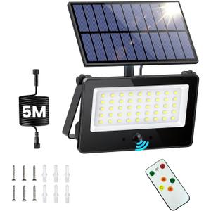 Solar Flood Lights Outdoor Waterproof with Remote Control, 1000LM 6500K 4 Modes 16.4FT Cable Solar Motion Flood Lights for Outside Wall Garage Shed Patio Yard Porch Garden Decor(Cool White)