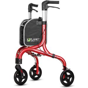 Planetwalk Premium 3 Wheel Rollator Walker for Seniors - Ultra Lightweight Foldable Walker for Elderly, Aluminum Three Wheel Mobility Aid, Brilliant Red