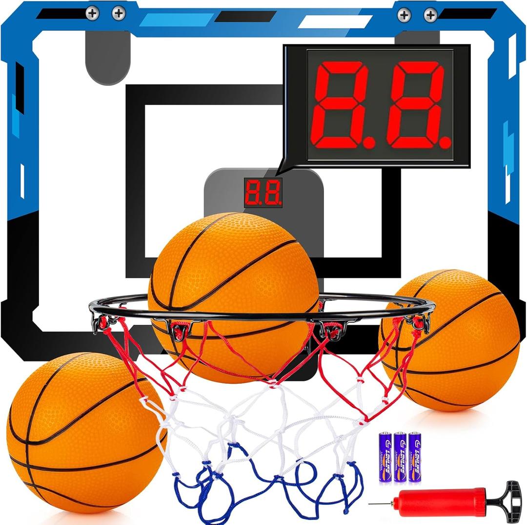 Basketball Hoop Indoor for Kids Adults with Scorer with 2 Scoring Methods, Door Room Basketball Mini Hoop with 3 Batteries and Balls, Basketball Accessories for Teen Boy Gifts, Blue