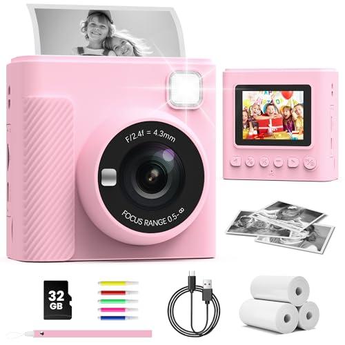 TIATUA Kids Instant Print Camera, Christmas Birthday Gifts for Girls and Boys, 1080P HD Video Digital Kids Camera with Print Paper & 32G Card, Toddler Toy for 3-14 Years Old (Pink)