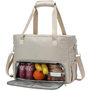 Lunch Tote Bag for Women with 15.6" Laptop Compartment, Work Tote Bag with Insulated Lunch Compartment, Large Casual Polyester Handbag Lunch Bags for Nurse, Teacher, Office, Travel, Beach, Khaki