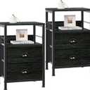 Furologee Nightstands Set 2, Night Stand with 2 Fabric Drawers, Bedside Tables with Open Shelf, Wooden Top, Hooks, Backboard Design, Metal Frame, End Tables for Bedroom/Living Room/Study/Black Oak