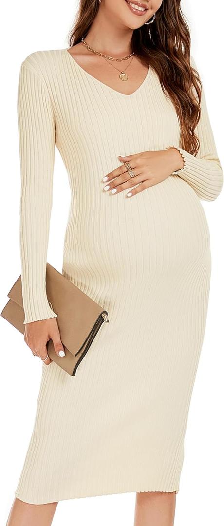 Maternity Dress Long Sleeve V Neck Knit Stretchable Sweater Dresses Pregnancy Clothes for Photoshoot Baby Shower (Small, Apricot)