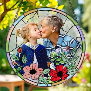 Custom Photo Gifts for Grandma - Stain Glass Window Hanging - Sun Catchers Indoor Window - Grandma Gifts - Mothers Day, Birthday, Christmas, Valentine's Day, Thanksgiving Gift - Pink Red Flower