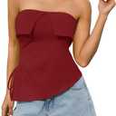 Women Tube Tops Trendy Summer Going Out Strapless Backless Bustier Drawstring Ruched Side Split Asymmetrical Bandeau Shirt (Red, XL)