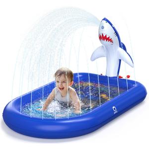 QPAU Splash Pads for Toddlers 1-3, Dark Blue Shark Splash Pad for Kids, Outdoor Play Mat for Babies, Inflatable Sprinkler Pool for Birthday Girl Gifts 1 Year Old Girl