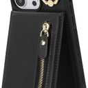 for iPhone 14 pro max Phone Case with Card Holder and Strap for Women, Crossbody Bag with Ring Stand Zipper Wallet Case for Apple14promax Purse - Black