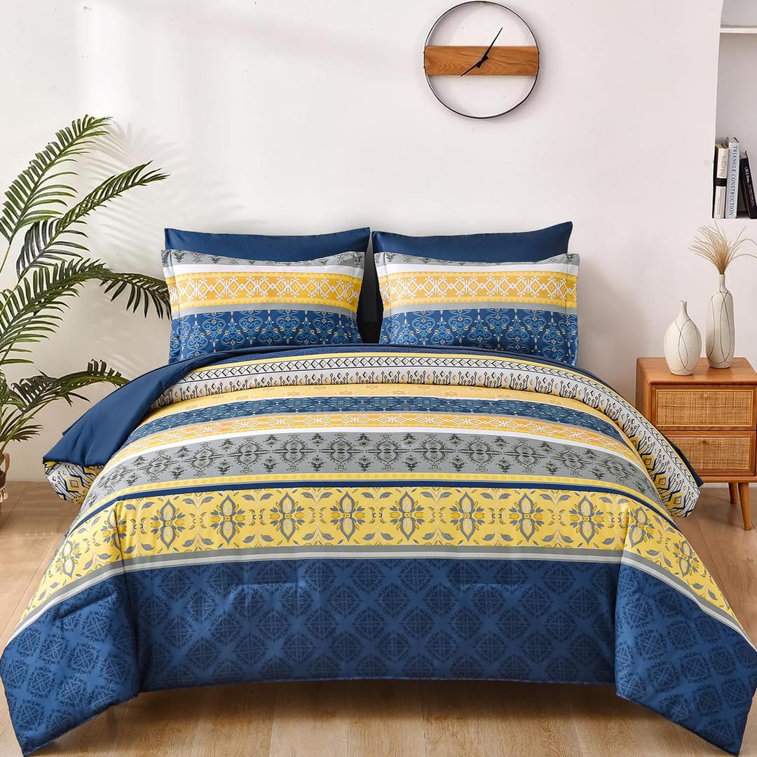 Boho Comforter Set King, 7 Pieces Navy Blue and Yellow Bohemian Bedding