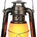 Vintage Lantern, LED Battery Powered Camping Lamp Outdoor Hanging Lantern Flickering Flame Rechargeable Retro Lanterns 3 Modes Light Non-Solar