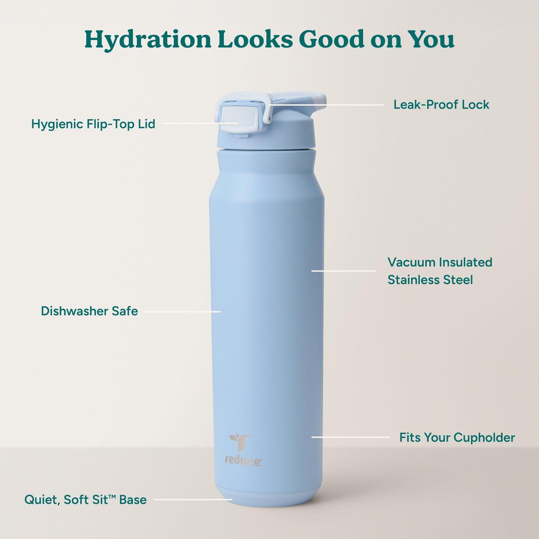 REDUCE Hydrate Pro Stainless Steel Insulated Water Bottle - Flip Top Leak-Proof Lid, Dishwasher Safe, BPA-Free, Dual Wall Vacuum, Keeps Drinks Cold