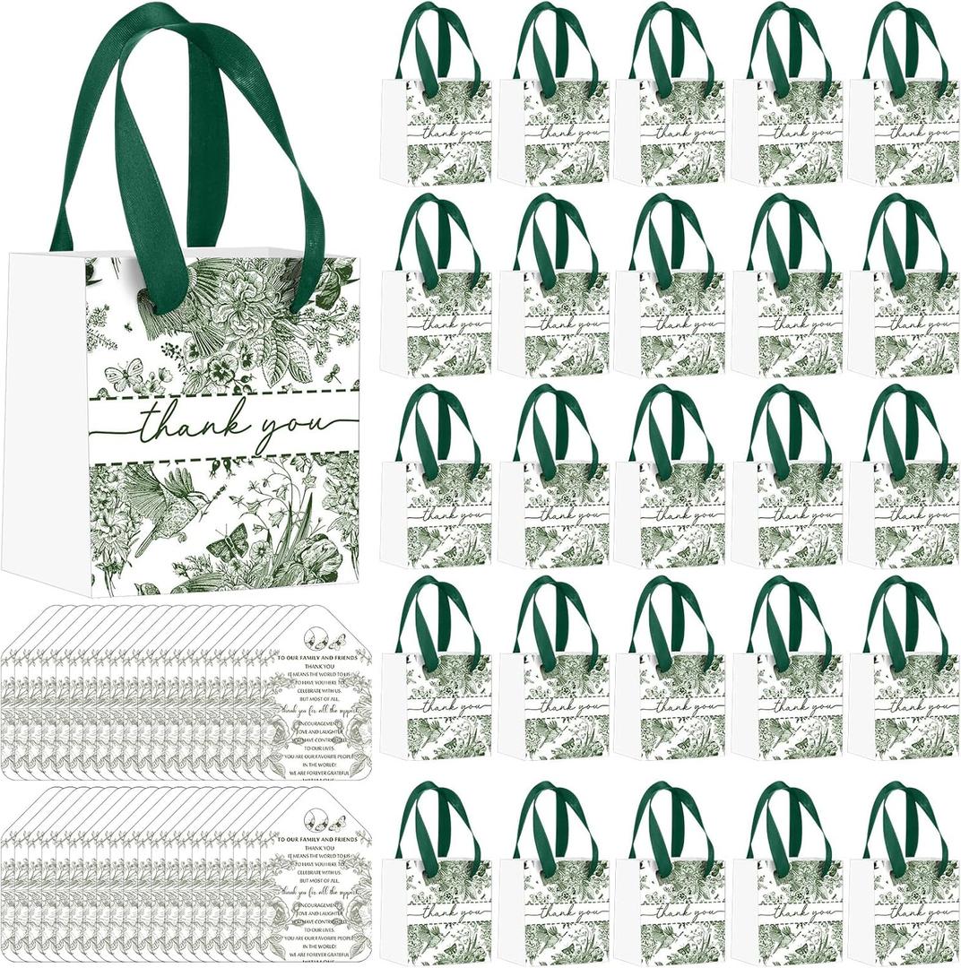 Kolldenn 50 Pack Small Green Chinoiserie Christmas Gift Bags Bulk Mini Green and White Floral Thank You Gift Bags with Handles Cards for Wedding Bridal Shower Birthday Bachelorette Party