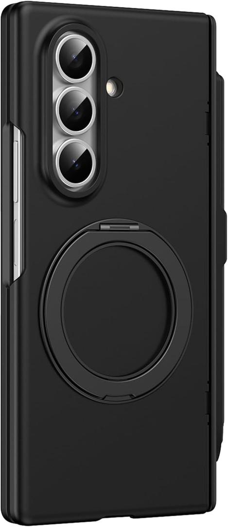 Magnetic Case for Samsung Galaxy Z Fold 7, All-Inclusive Screen Hinge Protection Frosted Case with S-Pen Holder and Metal Ring Stand Cover,Black,Z Fold 7