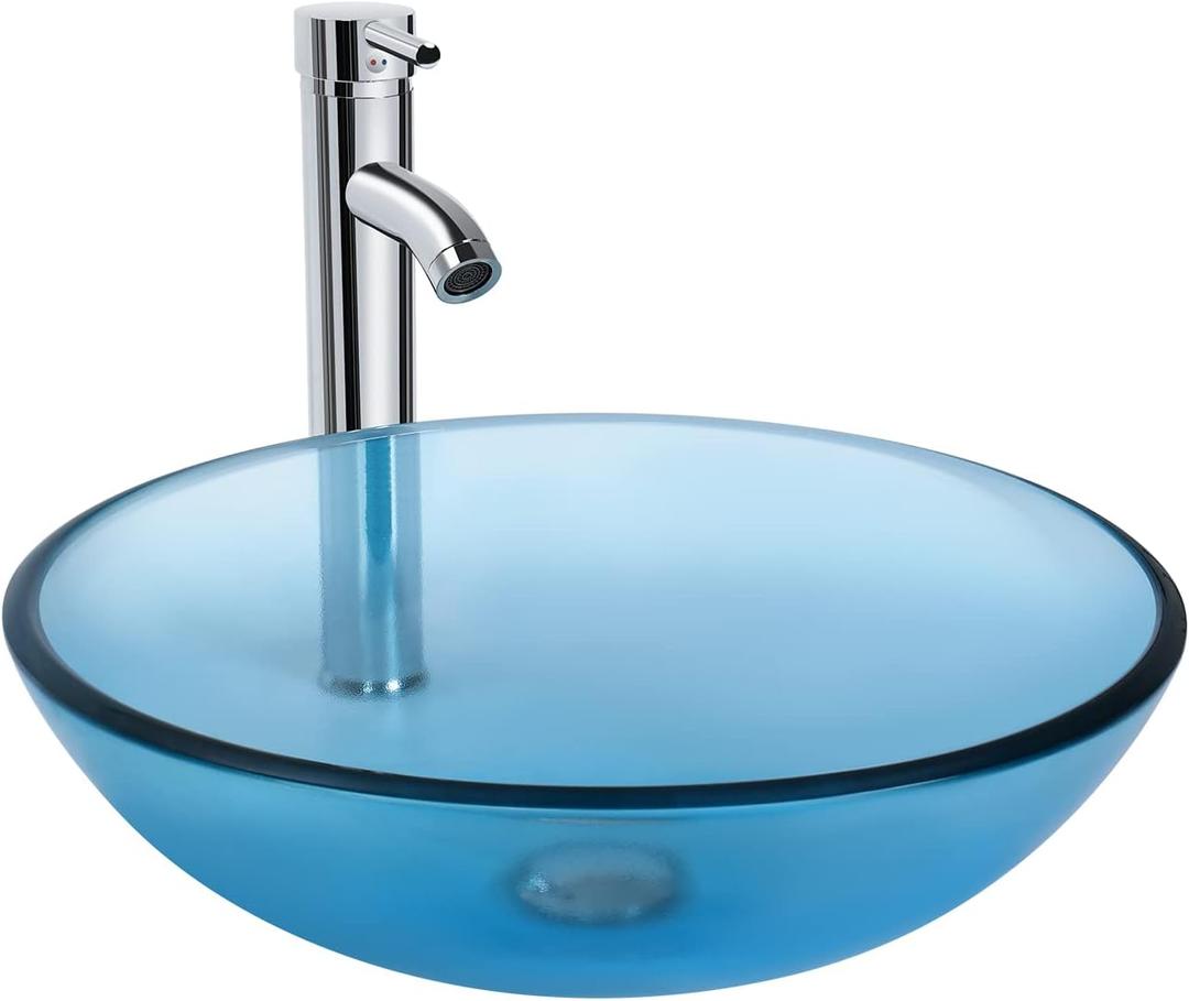 Bathroom Vessel Sink, Tempered Glass Vanity Round Bowl with Chrome Faucet and Pop up drain Set, Blue