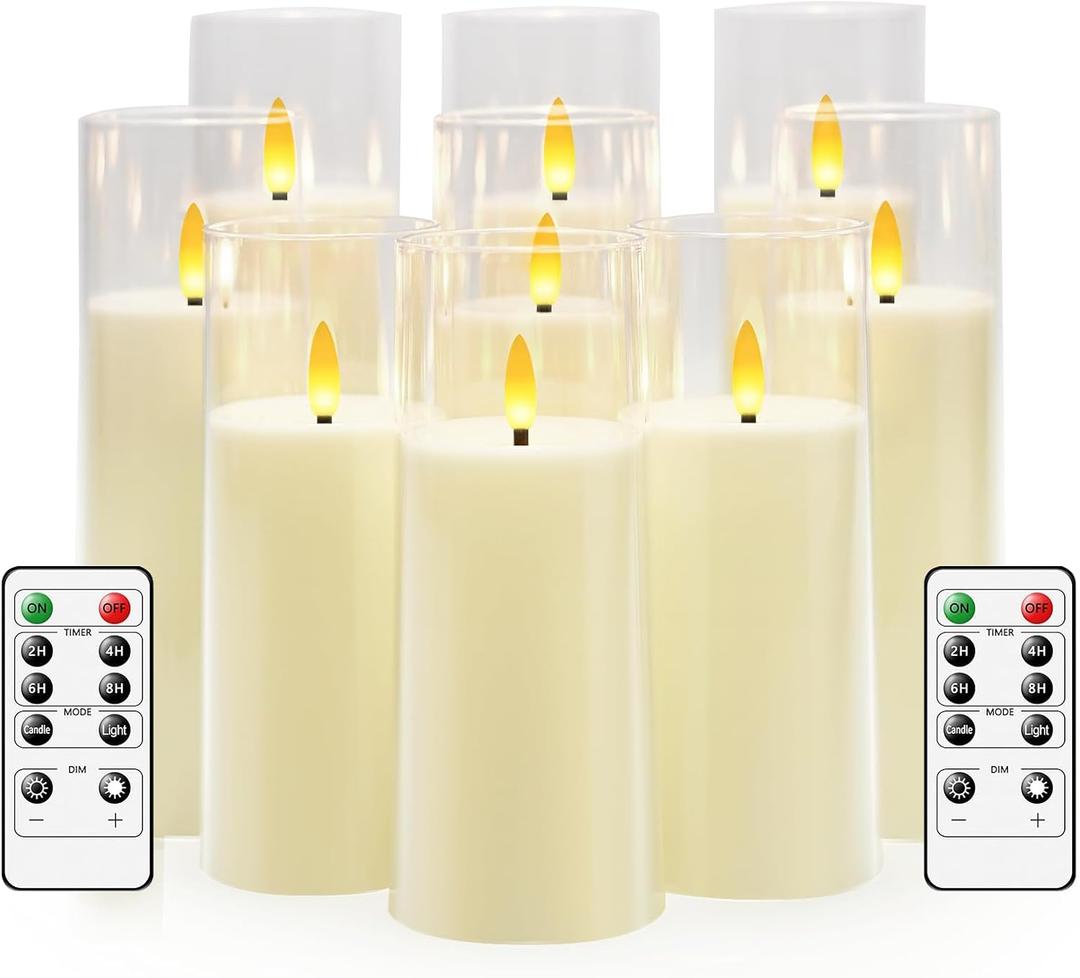 kakoya Flickering Flameless Candles Battery Operated with Remote and 2/ 4/ 6/ 8 H Timer Plexiglass Led Pillar Candles Pack of 9(D 2.3"xH 5.5"6.5"7.5")with Realistic 3D Wick Candles for Home Decor(Ivory)