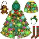 Christmas Tree Costume Kids,Hooded Cape & Skirt Dress Up Set,Princess Cape,Kid Christmas Outfits,Light Up Outfit with Gingerbread Bag & Socks,Christmas Costumes for Kids Ages 3-8 Multicolor