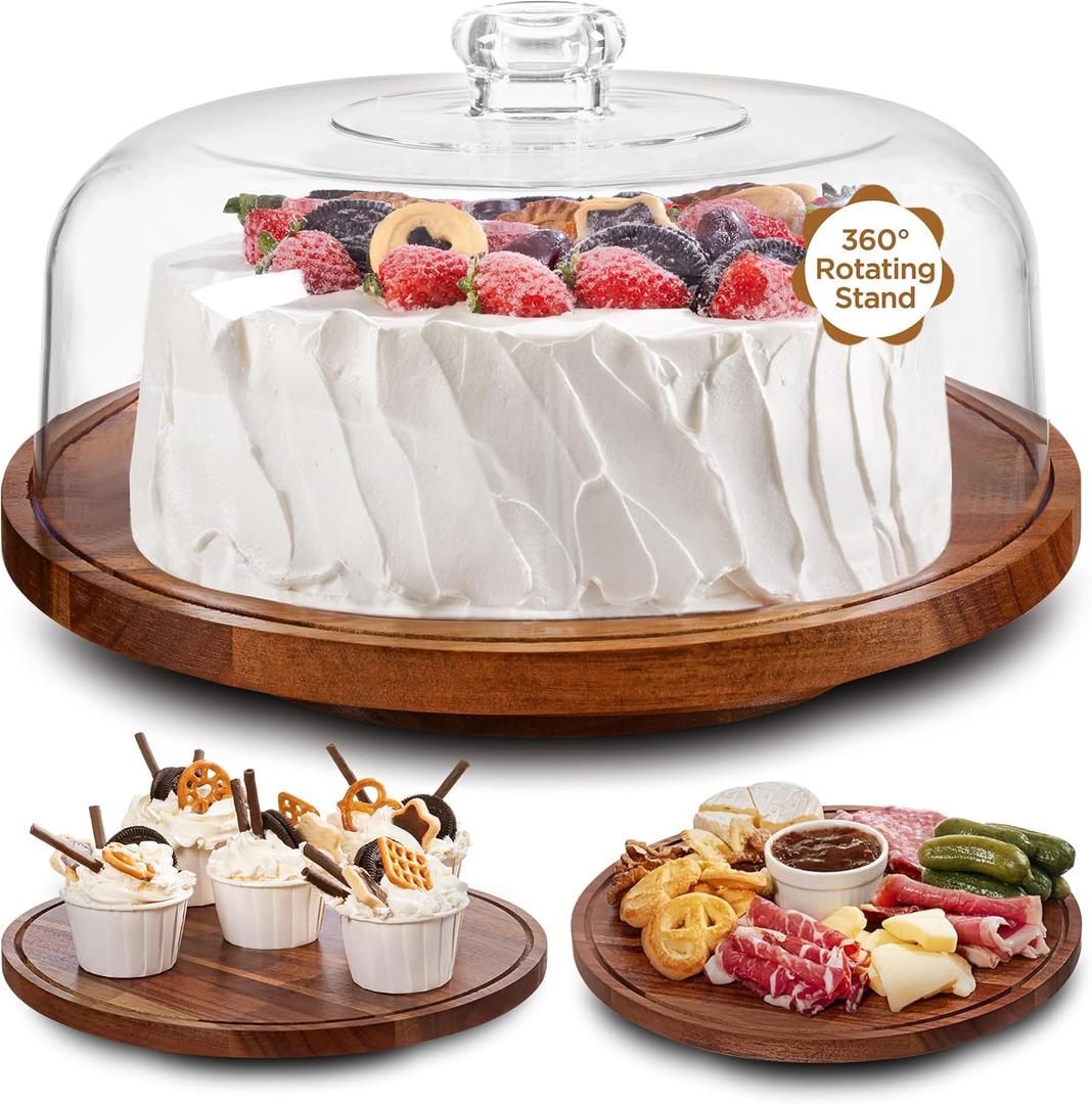 Farmyards Rotatable Acacia Wood Cake Display Stand with Acrylic Dome Lid - 2-in-1 Rotating Cake Holder, Cake Plate Display with Cover for Baking Gifts, Dessert Table Display Set & Charcuterie Board