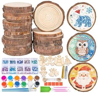 30PCS 3.5"-4" Unfinished Wooden Ornaments for Crafts, Wood Slices, Kids Wooden Painting Kit Arts Crafts, DIY Ornaments for Kids Crafting Painting Winter New Year Party Hanging Decorations