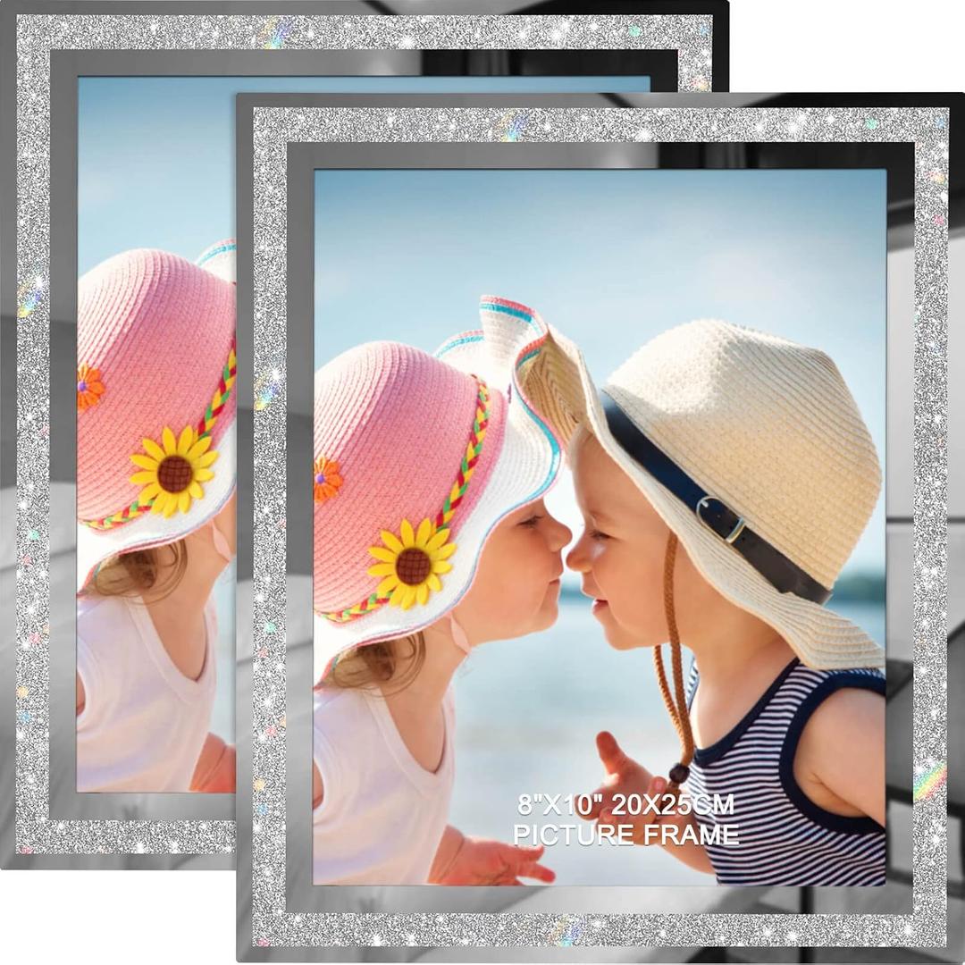 IZIDDO 8x10 Picture Frames Set of 2, Glitter Photo Frame for Tabletop, Silver Glass Picture Frame, Graduation Gifts for Her, Horizontally or Vertically