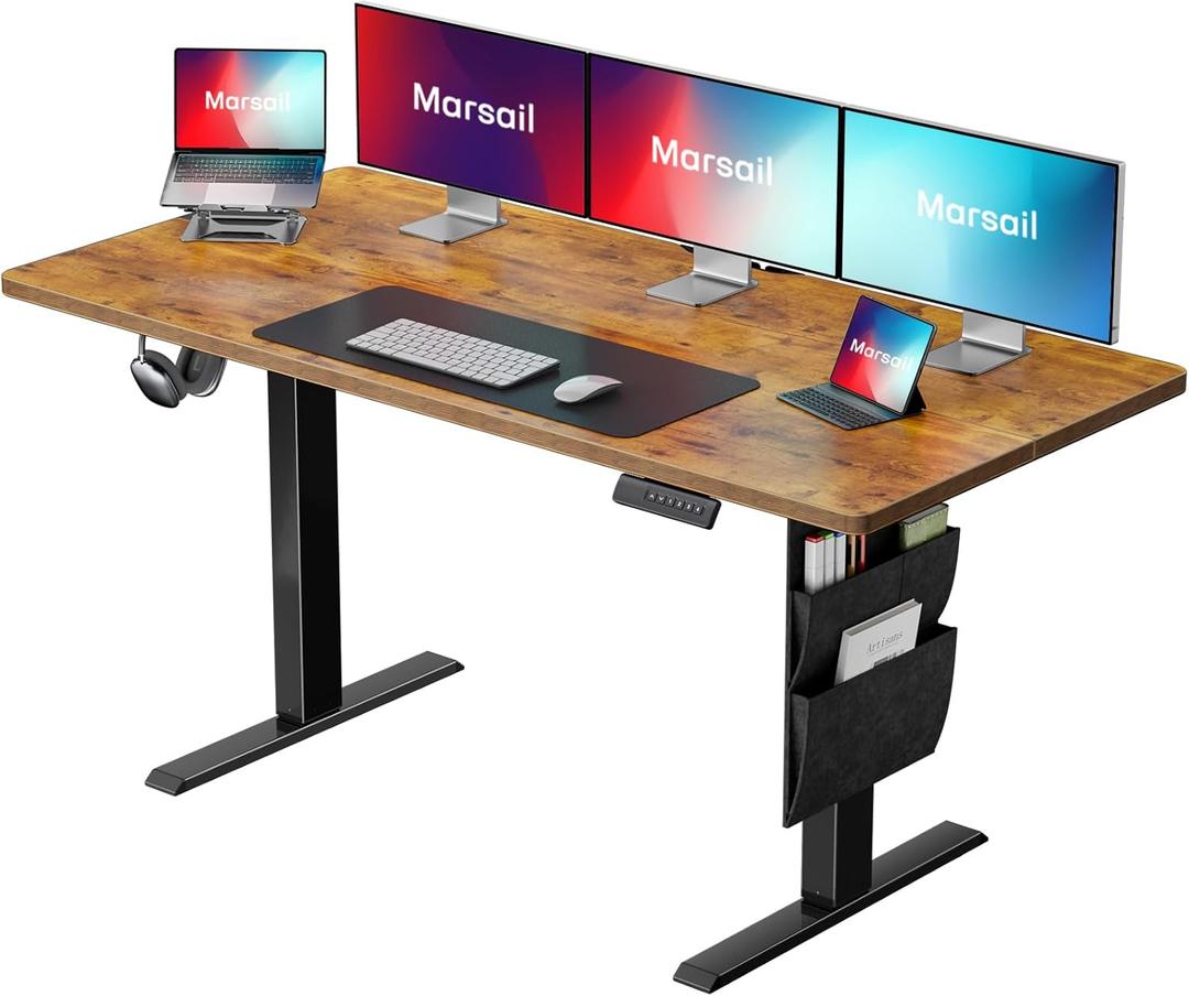 Marsail 55x24 Electric Standing Desk - Adjustable Height Computer Desk with Memory Presets, Storage Bag & Cable Management for Home Office & Gaming Workstations (Vintage Brown)