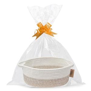 COMFY HOMI Small Woven Baskets with Handles, Gift Bags and Ribbons - Durable Cotton Rope Storage Organizer for Baby Basket, Dog Toy Basket Box, Gift Baskets Empty, Mother’s Day-12x8x5 Inch, Whitebrown