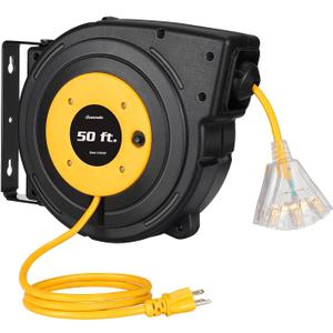 DEWENWILS Retractable Extension Cord Reel, 50FT Power Cord Reel with 14AWG/3C SJTOW, 13A Circuit Breaker, Wall/Ceiling Mounted, 3-Lighted Triple Outlets for Garage, Workshop, UL Listed, Yellow