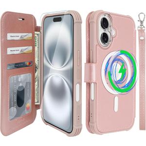 VANAVAGY Compatible for iPhone 16 Wallet Case for Magsafe Wireless Charging, PU Leather Flip Folio Wrist Strap [Screen Protectors & Camera Lens Protectors] with RFID Block Card Holder, Rose Gold