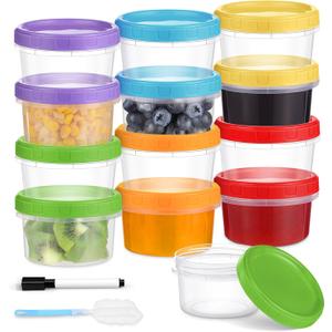 8 oz Plastic Containers with Lids, 12 Pack Stackable Small Freezer Container, Reusable Clear Food Storage Meal Prep Containers for Snack Fruit, Microwave & Dishwasher Safe, with Pen & Brush