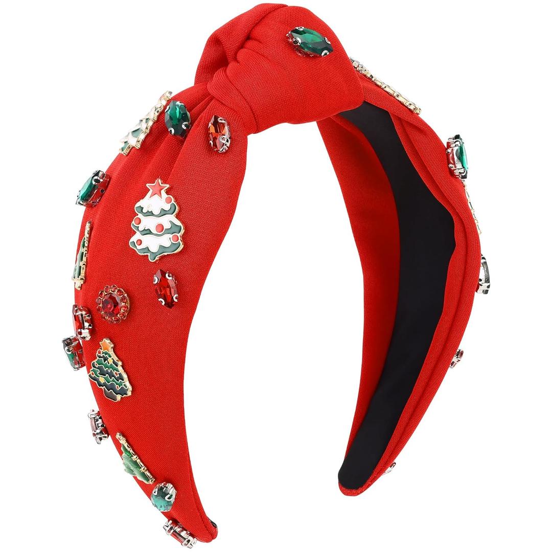 Christmas Headband for Women Xmas Tree Bow Knotted Hairband Red Rhinestone Crystal Jeweled Wide Top Knot Head Band for Christmas Holiday Hair Accessories Costume Party Decorations Outfits Gifts (1 Count (Pack of 1))