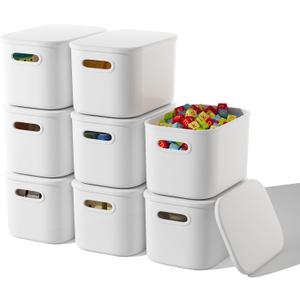 ORGIDOL 8 Pack White Storage Bins with Lids Stackable Storage Container for Organizing, Storage Boxes with Handle for Shelves, Cute Storage Bin for Craft, Snacks, 9.85x6.9x5.7 inch