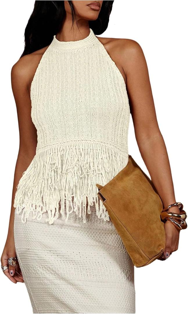 SweatyRocks Women's Boho Fringe Halter Tops Sleeveless Open Back Summer Knit Crochet Tank Top, White Small