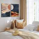 2Pcs Boho Sun and Moon Canvas Wall Art Painting Abstract Mountains Poster Prints Sun and Moon Pictures Medieval Modern Wall Decor for Living Room Bedroom 12x16in Framed