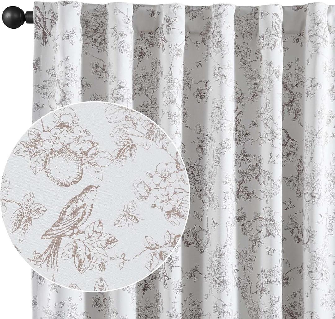 Vangao Taupe 100% Blackout Curtains for Bedroom 84 Inch Length, Country Flower Floral Curtains for Living Room Toile Cottagecore Thermal Insulated Window Drapes, 2 Panels Taupe and White