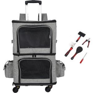 Double Pet Carrier Backpack with Wheels for Small Dogs & Cats, Dual Compartment Rolling Carrier for Vet Visits & Road Trips (Not Designed for Under-Seat Airline Travel, Check Size Guide)
