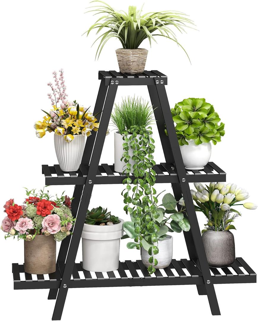 BMOSU Plant Stand Bamboo for Indoor Outdoor Tiered Plant Shelf 8 Potted Flower Holder Ladder Rack Garden Balcony Living Room Patio(3 Tier Black)