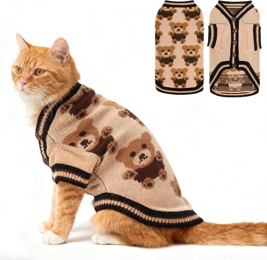 EXPAWLORER Cat Sweater Cardigan - Stylish Knit Cat Clothes, Soft Puppy Sweater with Sleeve, Cute Warm Pet Clothing Knitwear, Fall Winter Kitten Coat for Girl Boy Cats, Bear Large