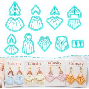 TAINSKY Macrame Polymer Clay Cutters, 14 Shapes Raffia Polymer Clay Cutters for Earrings Making, Tassels Polymer Clay Cutters, Boho Macrame Clay Cutters for Polymer Clay Jewelry